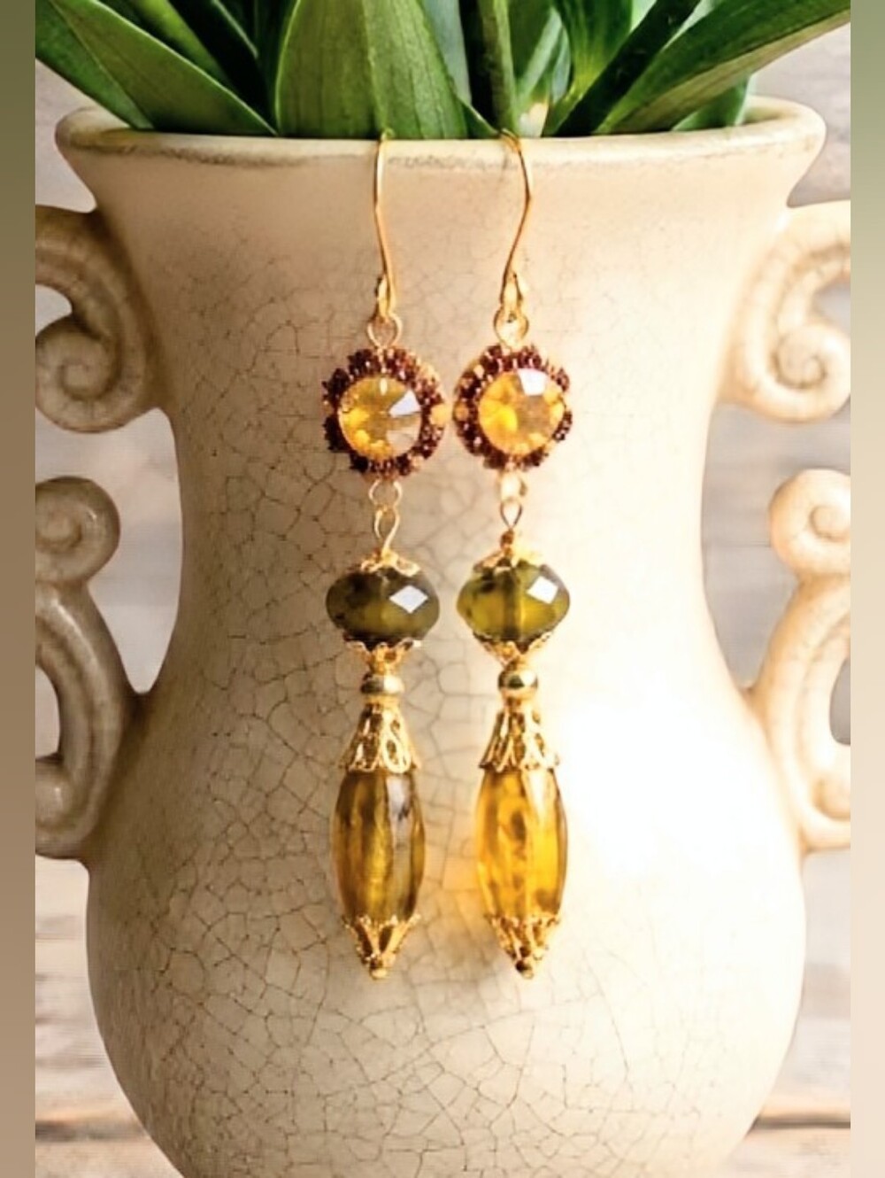 Victorian Yellow Swarovski Crystal & Yellow Gold Etched Gold Plated Earrings